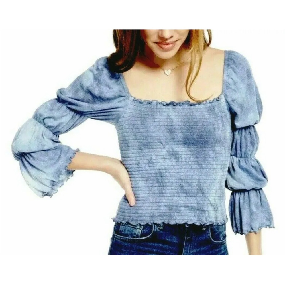NWT, Rewash Totally Tie Dye Smocked Ruffle-Trimmed Top Blue, Sz M